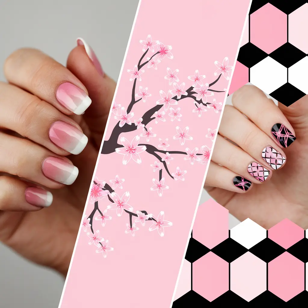 Three-column layout showcasing nail art designs: left column features a French manicure with a pink and white gradient, middle column displays a cherry blossom tree design with pink and white flowers, and right column presents a geometric pattern in pink, white, and black, each photo displaying a female hand with the respective nail art.